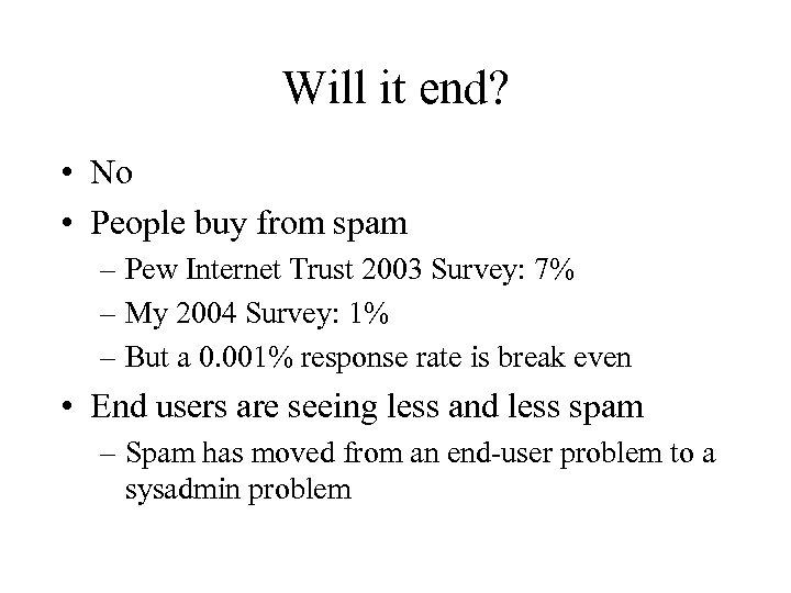 Will it end? • No • People buy from spam – Pew Internet Trust