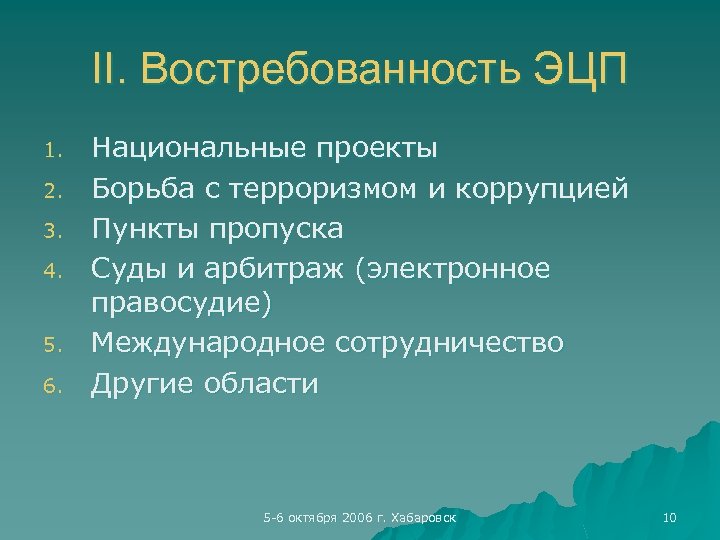 II. Востребованность ЭЦП 1. 2. 3. 4. 5. 6. Национальные проекты Борьба с терроризмом