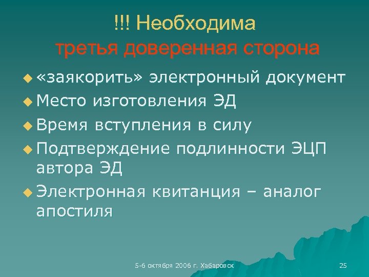 !!! Необходима третья доверенная сторона u «заякорить» электронный документ u Место изготовления ЭД u