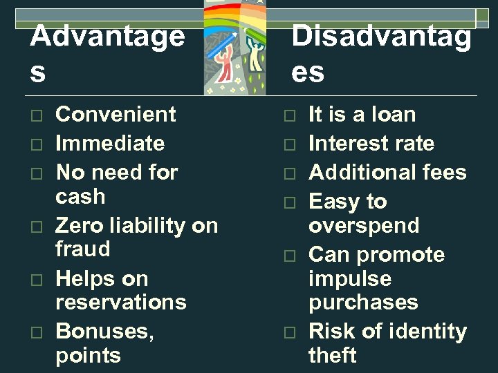 Advantage s o o o Convenient Immediate No need for cash Zero liability on