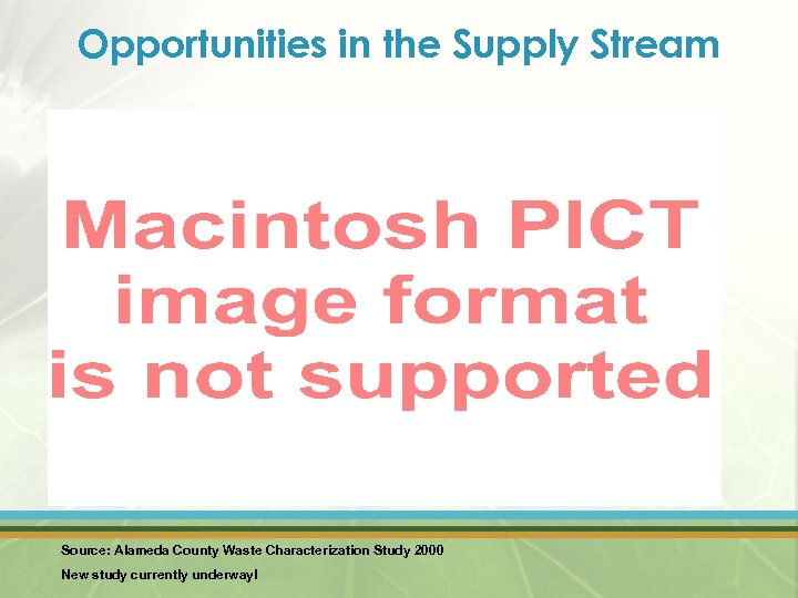 Opportunities in the Supply Stream Source: Alameda County Waste Characterization Study 2000 New study