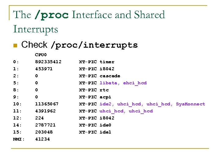 The /proc Interface and Shared Interrupts n Check /proc/interrupts 0: 1: 2: 5: 8: