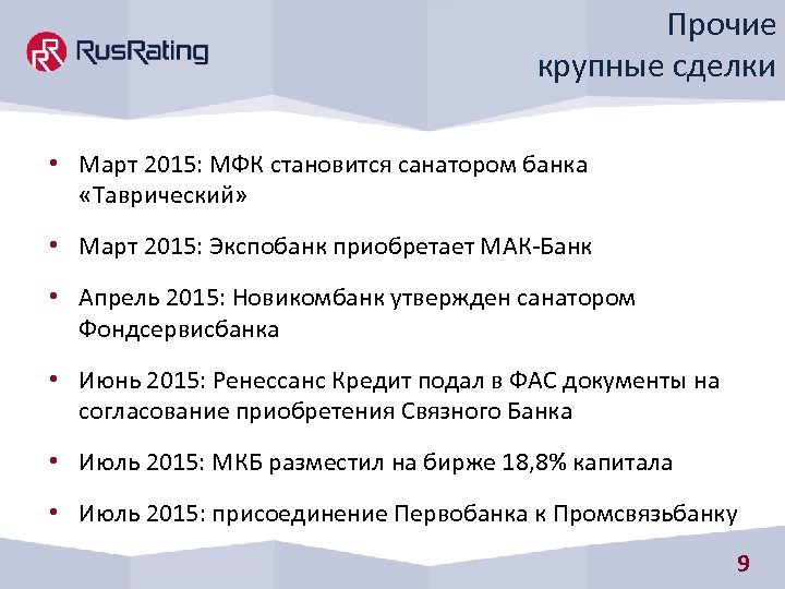 Прочие крупные сделки • Март 2015: МФК становится санатором банка «Таврический» • Март 2015:
