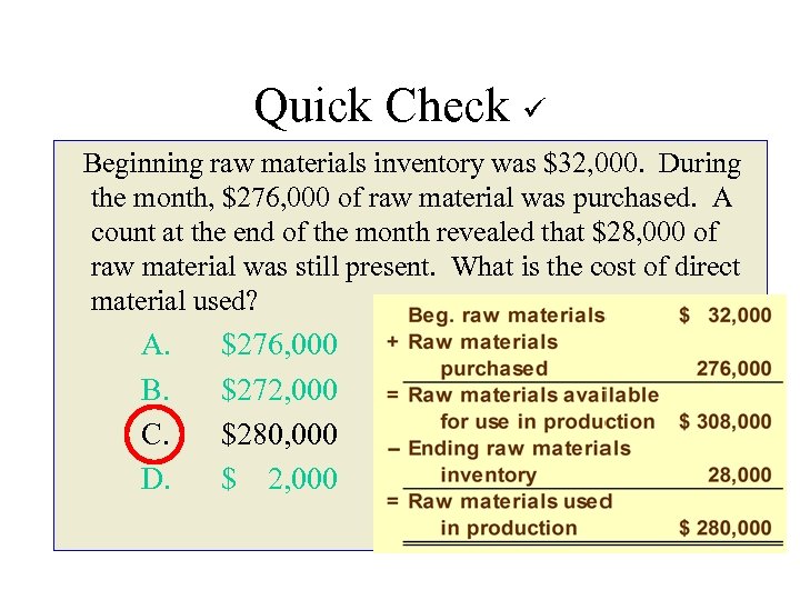 Quick Check Beginning raw materials inventory was $32, 000. During the month, $276, 000