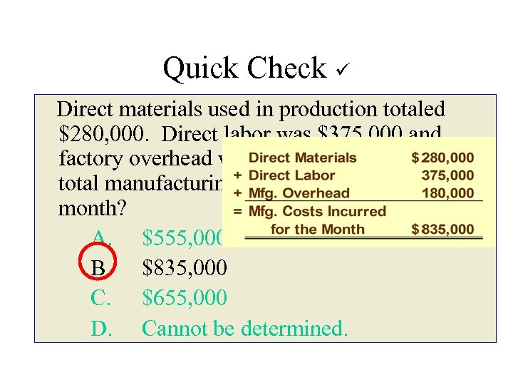 Quick Check Direct materials used in production totaled $280, 000. Direct labor was $375,