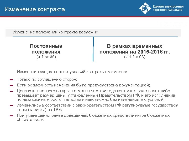 Изменение контракта Изменение положений контракта возможно Постоянные положения (ч. 1 ст. 95) В рамках