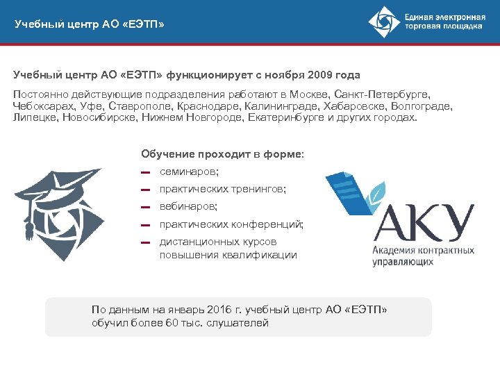 Учебный центр АО «ЕЭТП» функционирует с ноября 2009 года Постоянно действующие подразделения работают в