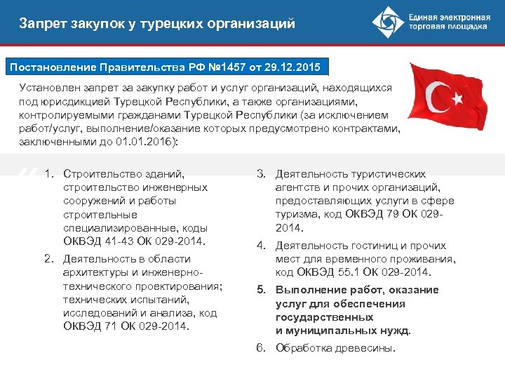 Запрет закупок у турецких организаций Постановление Правительства РФ № 1457 от 29. 12. 2015