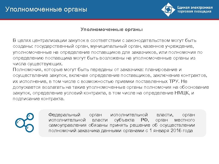 Уполномоченные органы В целях централизации закупок в соответствии с законодательством могут быть созданы: государственный