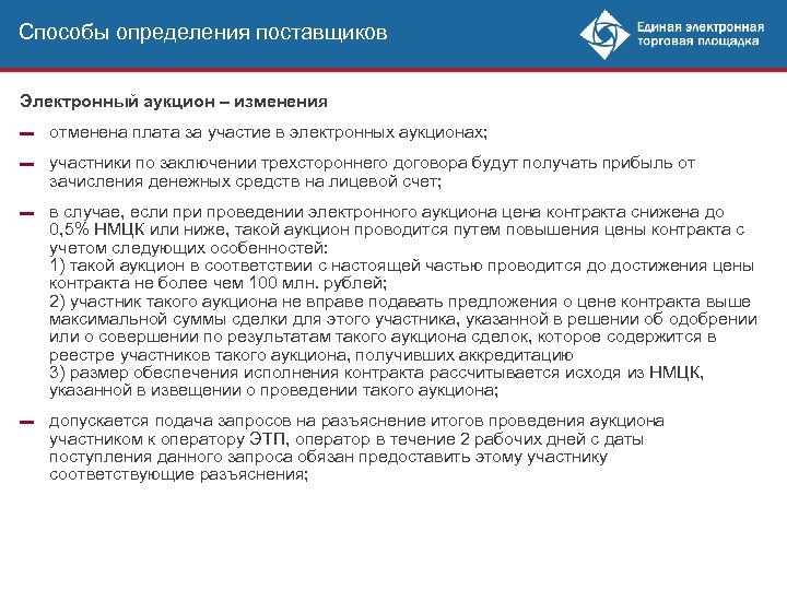 Способы определения поставщиков Электронный аукцион – изменения ▬ отменена плата за участие в электронных