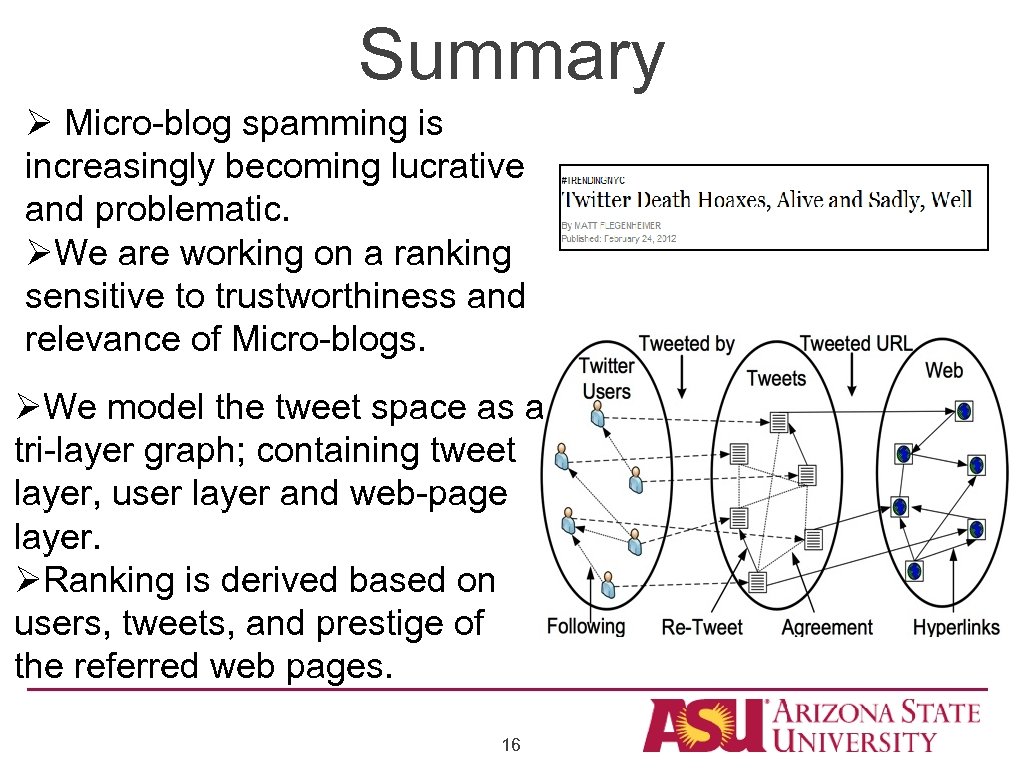 Summary Ø Micro-blog spamming is increasingly becoming lucrative and problematic. ØWe are working on