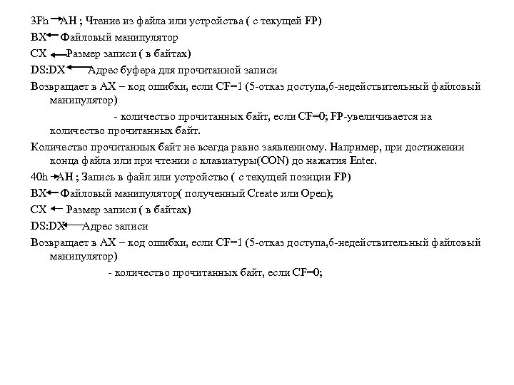 3 Fh AH ; Чтение из файла или устройства ( с текущей FP) BX