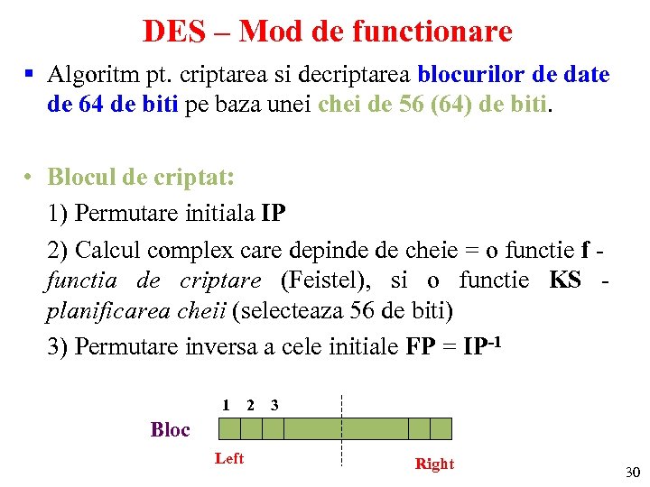 DES – Mod de functionare § Algoritm pt. criptarea si decriptarea blocurilor de date