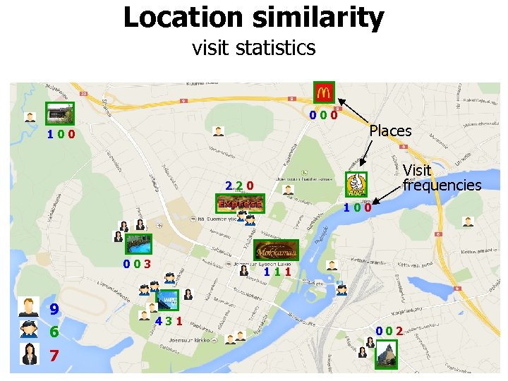 Location similarity visit statistics 000 100 Places Visit frequencies 220 100 003 9 6