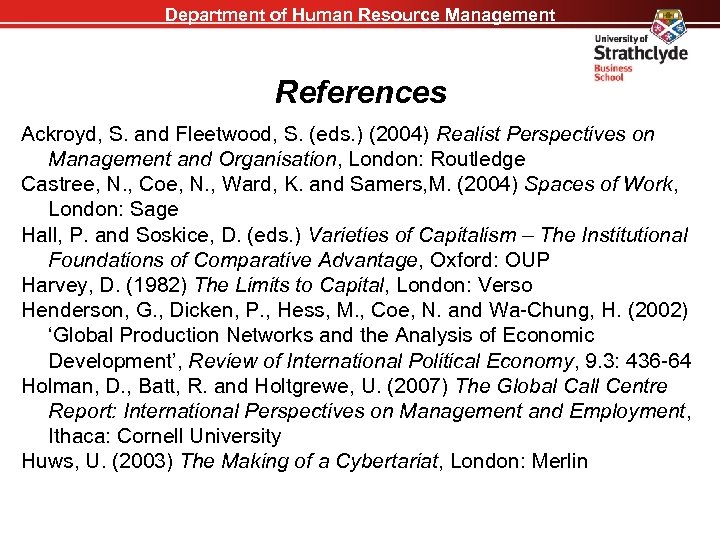 Department of Human Resource Management References Ackroyd, S. and Fleetwood, S. (eds. ) (2004)