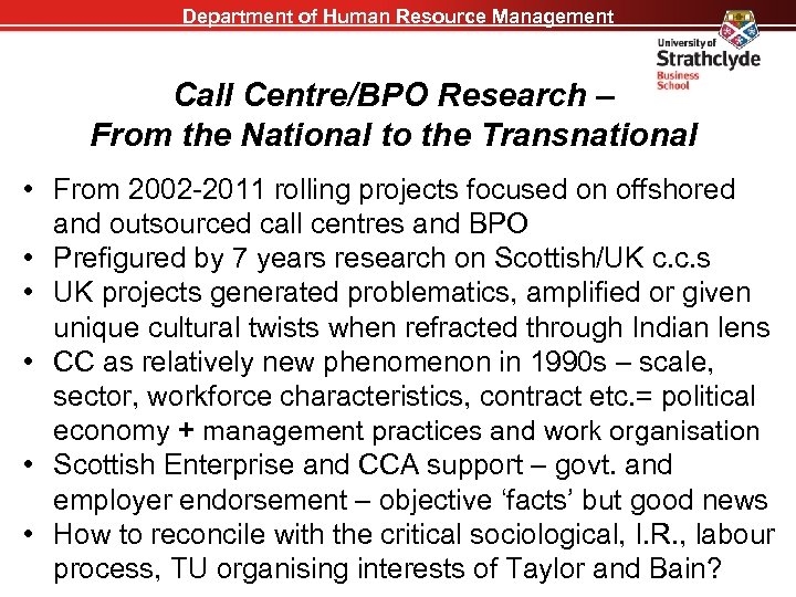 Department of Human Resource Management Call Centre/BPO Research – From the National to the