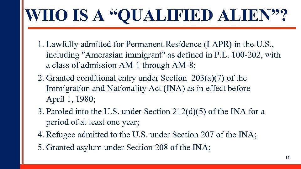 WHO IS A “QUALIFIED ALIEN”? 1. Lawfully admitted for Permanent Residence (LAPR) in the