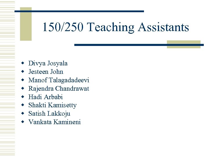 150/250 Teaching Assistants w w w w Divya Josyala Jesteen John Manof Talagadadeevi Rajendra