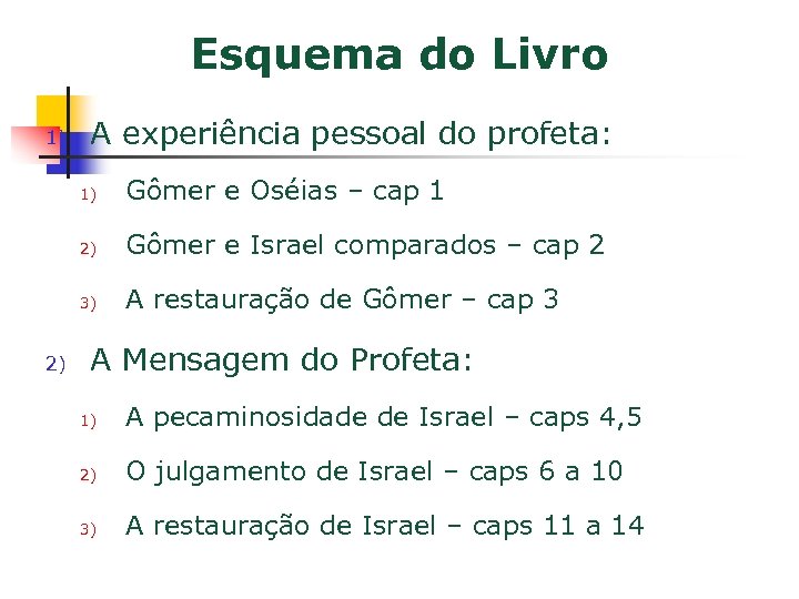 Esquema do Livro 1) A experiência pessoal do profeta: 1) 2) Gômer e Israel