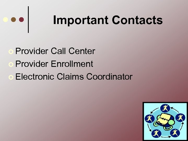 Important Contacts ¢ Provider Call Center ¢ Provider Enrollment ¢ Electronic Claims Coordinator 11