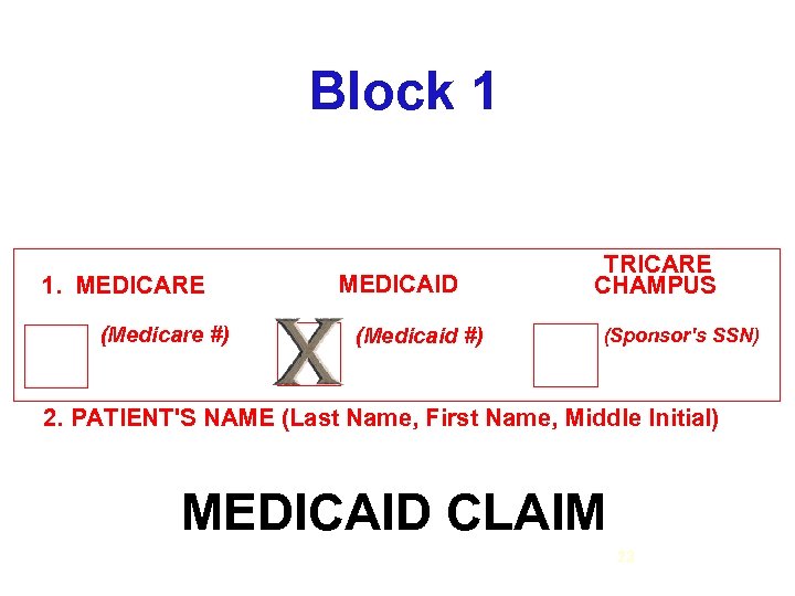 Block 1 1. MEDICARE (Medicare #) MEDICAID (Medicaid #) TRICARE CHAMPUS (Sponsor's SSN) 2.