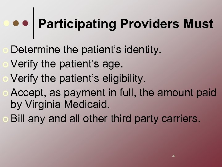 Participating Providers Must ¢ Determine the patient’s identity. ¢ Verify the patient’s age. ¢