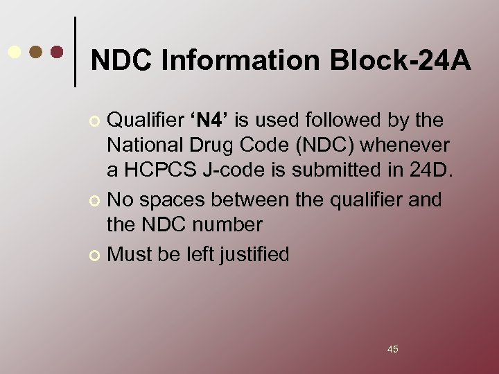 NDC Information Block-24 A Qualifier ‘N 4’ is used followed by the National Drug