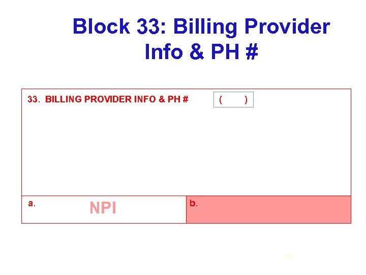 Block 33: Billing Provider Info & PH # 33. BILLING PROVIDER INFO & PH