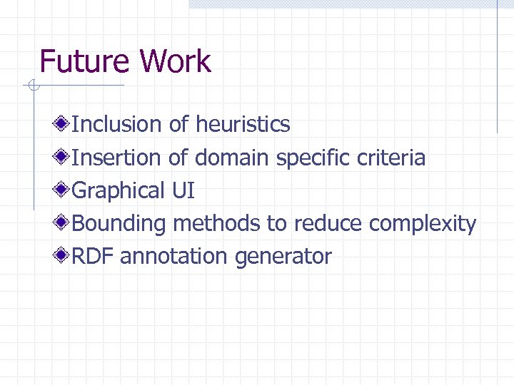 Future Work Inclusion of heuristics Insertion of domain specific criteria Graphical UI Bounding methods