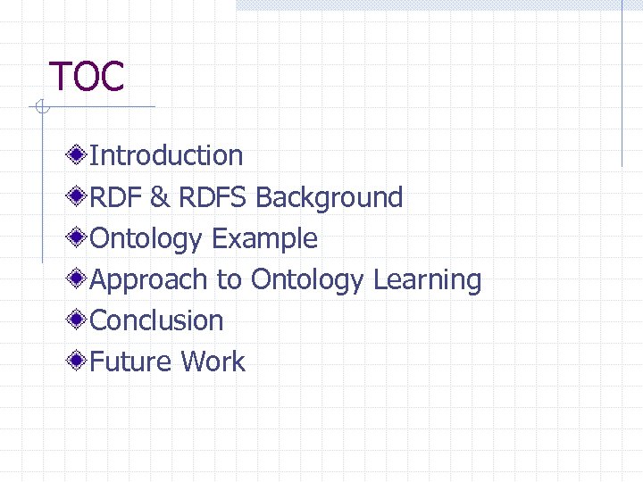 TOC Introduction RDF & RDFS Background Ontology Example Approach to Ontology Learning Conclusion Future