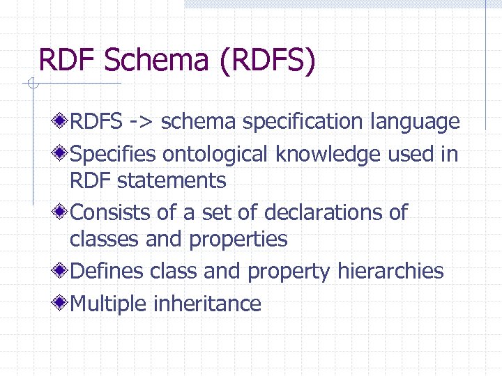 RDF Schema (RDFS) RDFS -> schema specification language Specifies ontological knowledge used in RDF