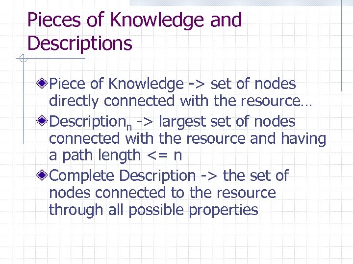 Pieces of Knowledge and Descriptions Piece of Knowledge -> set of nodes directly connected