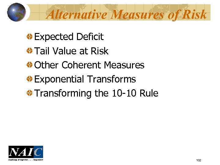 Alternative Measures of Risk Expected Deficit Tail Value at Risk Other Coherent Measures Exponential