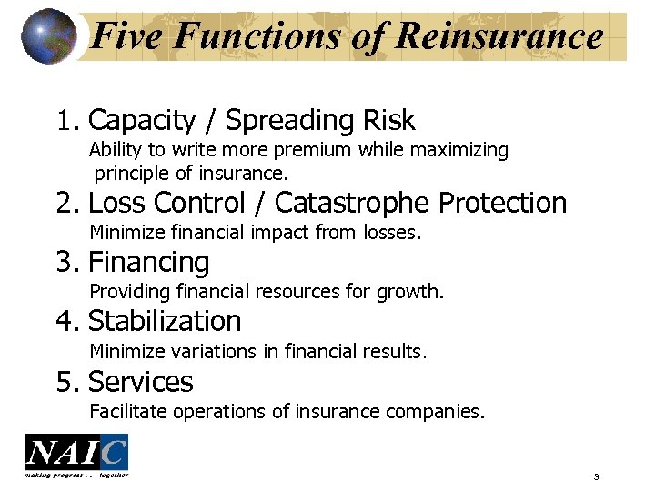 Five Functions of Reinsurance 1. Capacity / Spreading Risk Ability to write more premium