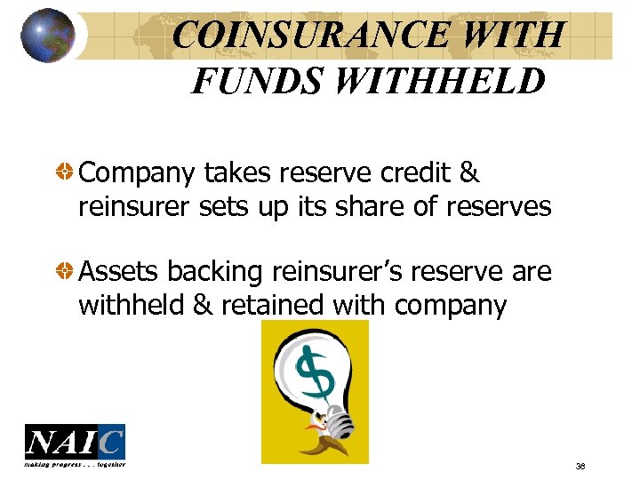 COINSURANCE WITH FUNDS WITHHELD Company takes reserve credit & reinsurer sets up its share