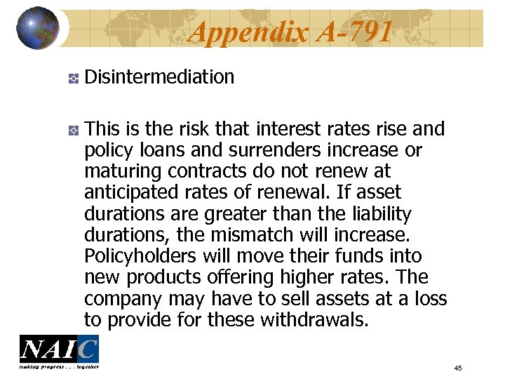 Appendix A-791 Disintermediation This is the risk that interest rates rise and policy loans