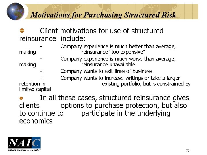 Motivations for Purchasing Structured Risk Client motivations for use of structured reinsurance include: making