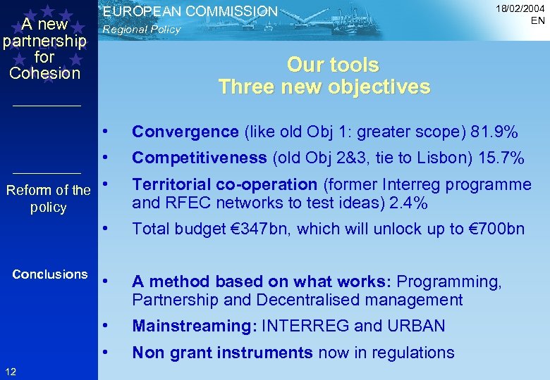 A new partnership EN for Cohesion EUROPEAN COMMISSION Regional Policy 18/02/2004 EN Our tools