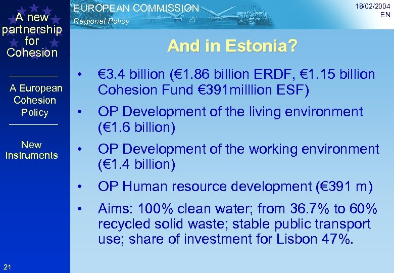 A new partnership EN for Cohesion EUROPEAN COMMISSION Regional Policy 18/02/2004 EN And in