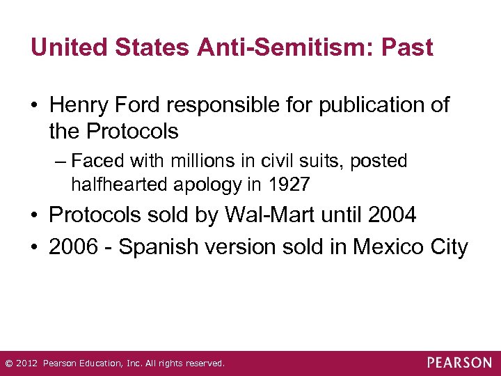 United States Anti-Semitism: Past • Henry Ford responsible for publication of the Protocols –