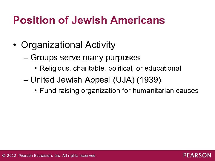 Position of Jewish Americans • Organizational Activity – Groups serve many purposes • Religious,