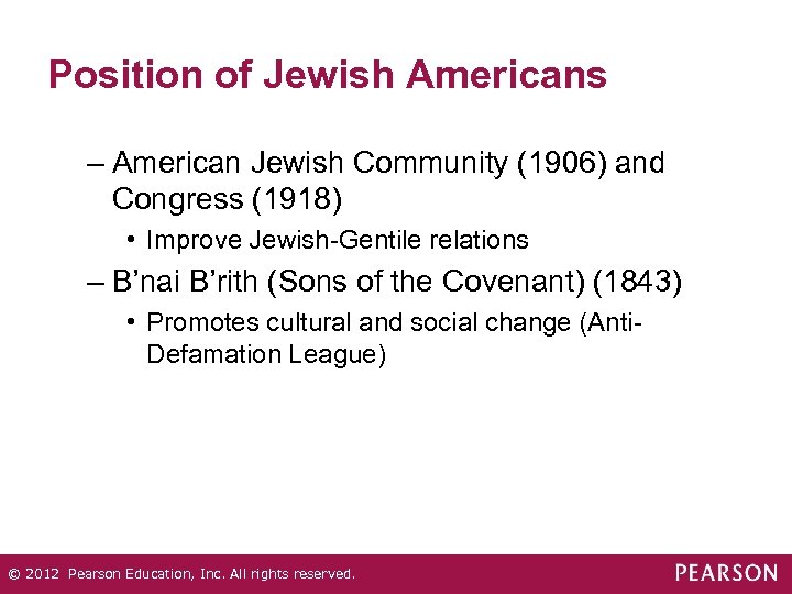 Position of Jewish Americans – American Jewish Community (1906) and Congress (1918) • Improve
