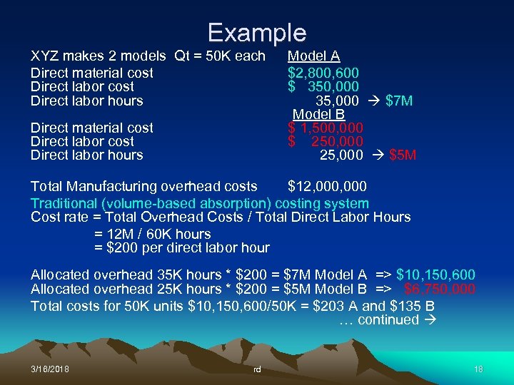 Example XYZ makes 2 models Qt = 50 K each Direct material cost Direct