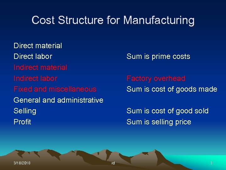 Cost Structure for Manufacturing Direct material Direct labor Indirect material Indirect labor Fixed and