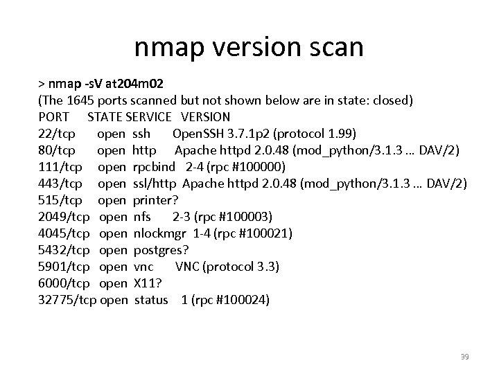 nmap version scan > nmap -s. V at 204 m 02 (The 1645 ports