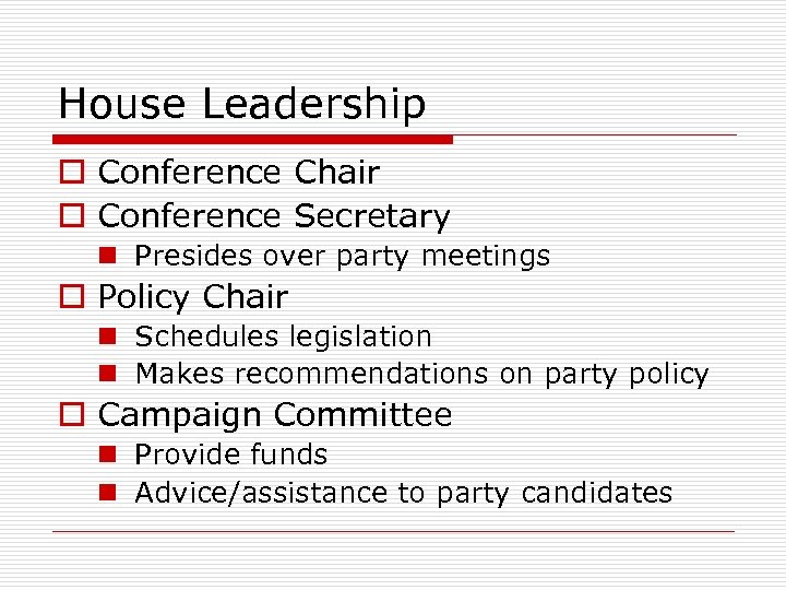 House Leadership o Conference Chair o Conference Secretary n Presides over party meetings o