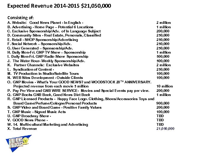 Expected Revenue 2014 -2015 $21, 050, 000 Consisting of: A. Website: Good News Planet