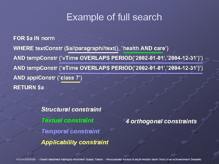 Example of full search FOR $a IN norm WHERE text. Constr ($a//paragraph//text(), ’health AND