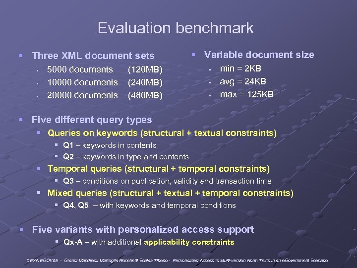 Evaluation benchmark § Three XML document sets § § § 5000 documents 10000 documents