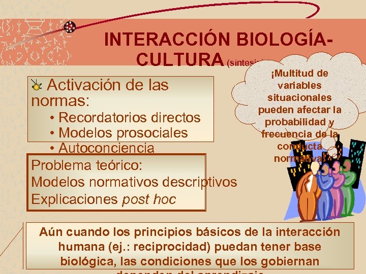 INTERACCIÓN BIOLOGÍACULTURA (síntesis) Activación de las normas: • Recordatorios directos • Modelos prosociales •
